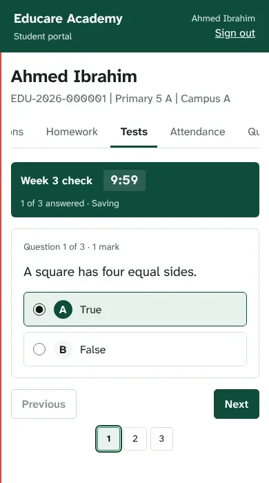 A student sitting a timed computer-based test on a phone in Semper Ed